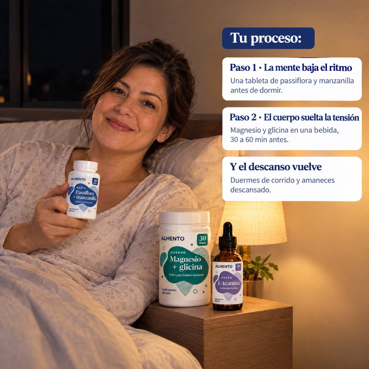 Mujer en la cama con la rutina Alhento: tu proceso paso a paso