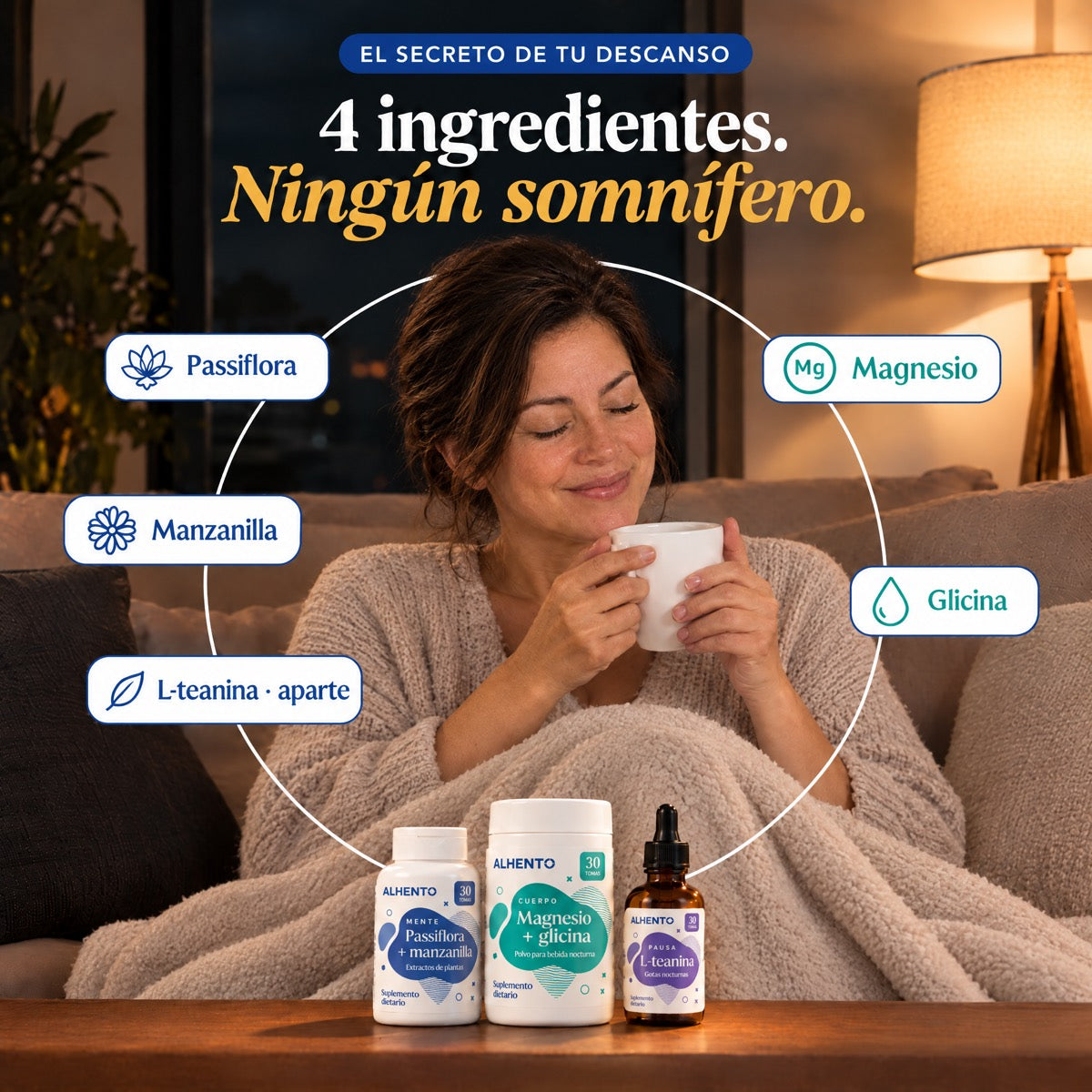4 ingredientes, ningún somnífero: passiflora, manzanilla, magnesio y glicina; L-teanina aparte